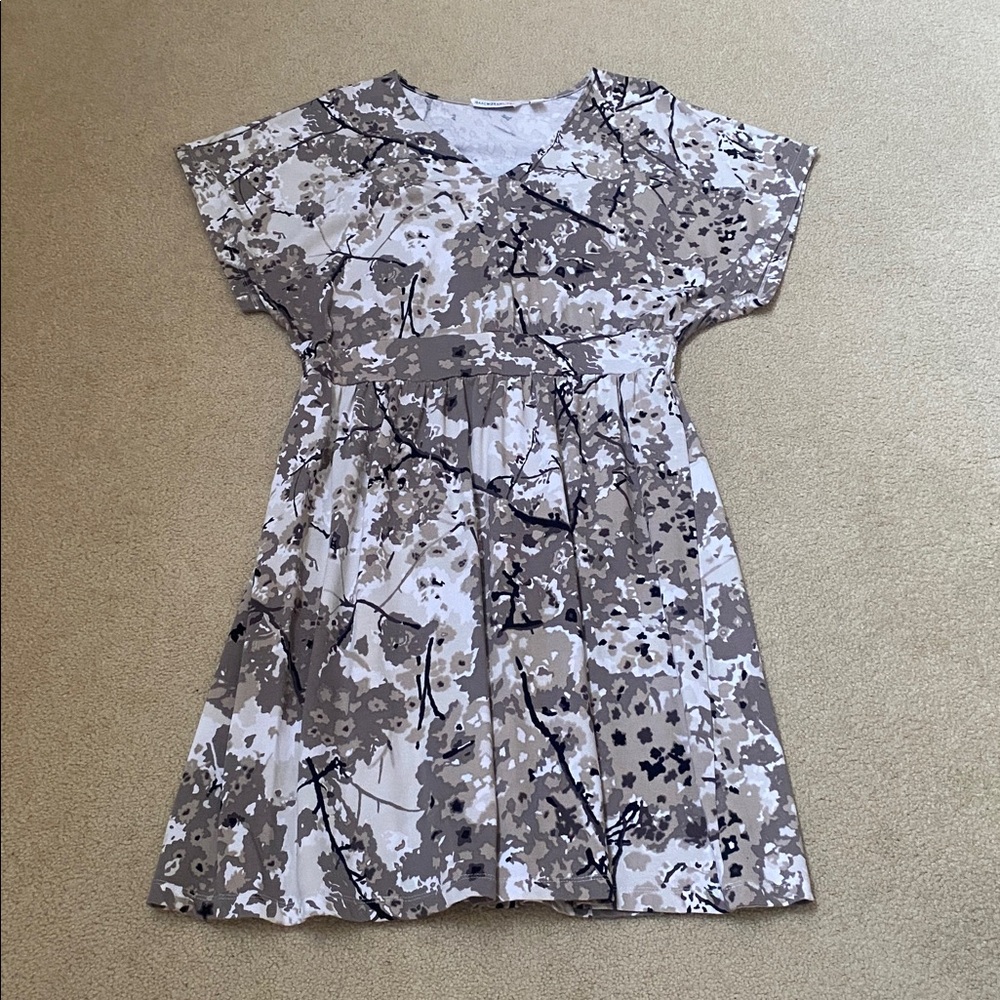 Isaac Mizrahi Floral Midi Dress L - Black, Grey, White, short sleeves